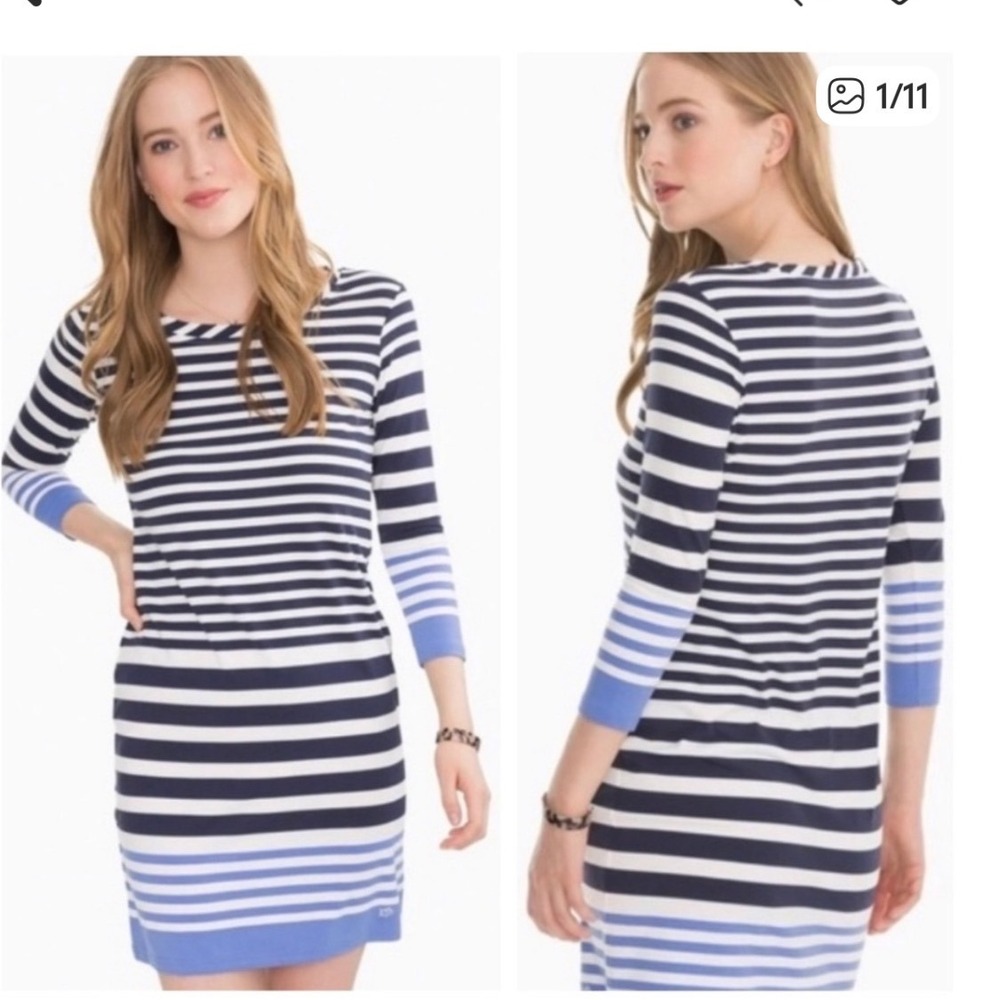 Southern Tide‎ Camille Striped Performance Dress Nautical Navy 3/4 Sleeve Medium